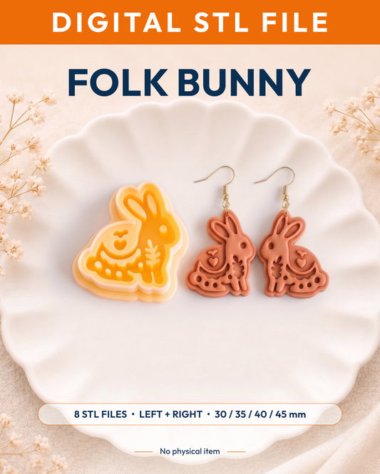 Digital STL listing hero showing the Scandi Folk Bunny printed clay cutter with example finished polymer clay jewelry.