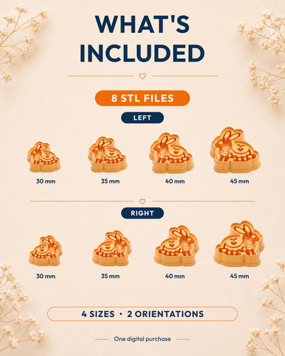 What's included graphic showing the STL file package and available sizes for the Scandi Folk Bunny clay cutter.