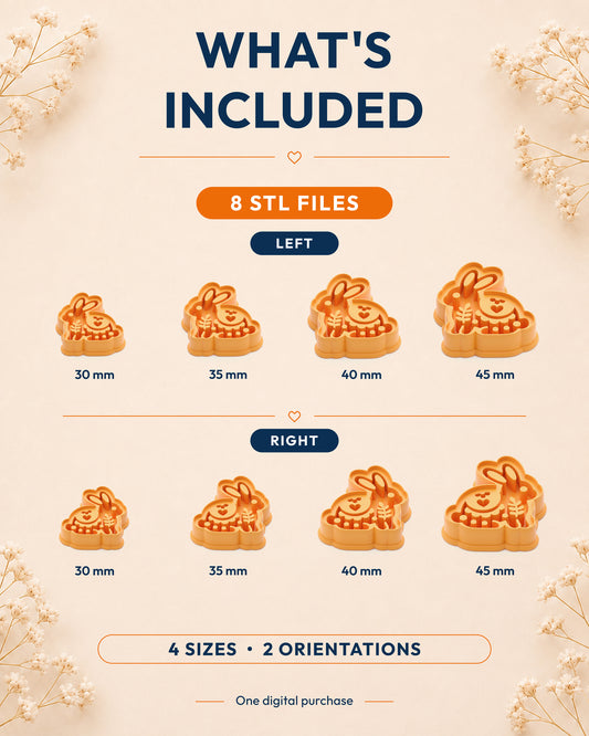 What's included graphic showing the STL file package and available sizes for the Scandi Folk Bunny clay cutter.