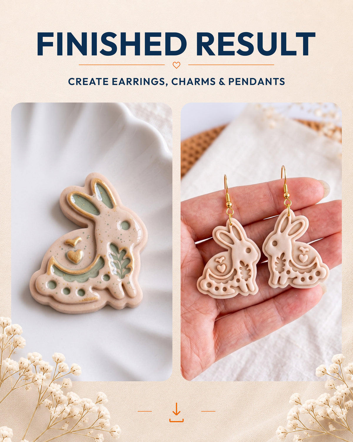Finished result collage showing polymer clay jewelry created with the Scandi Folk Bunny cutter design.