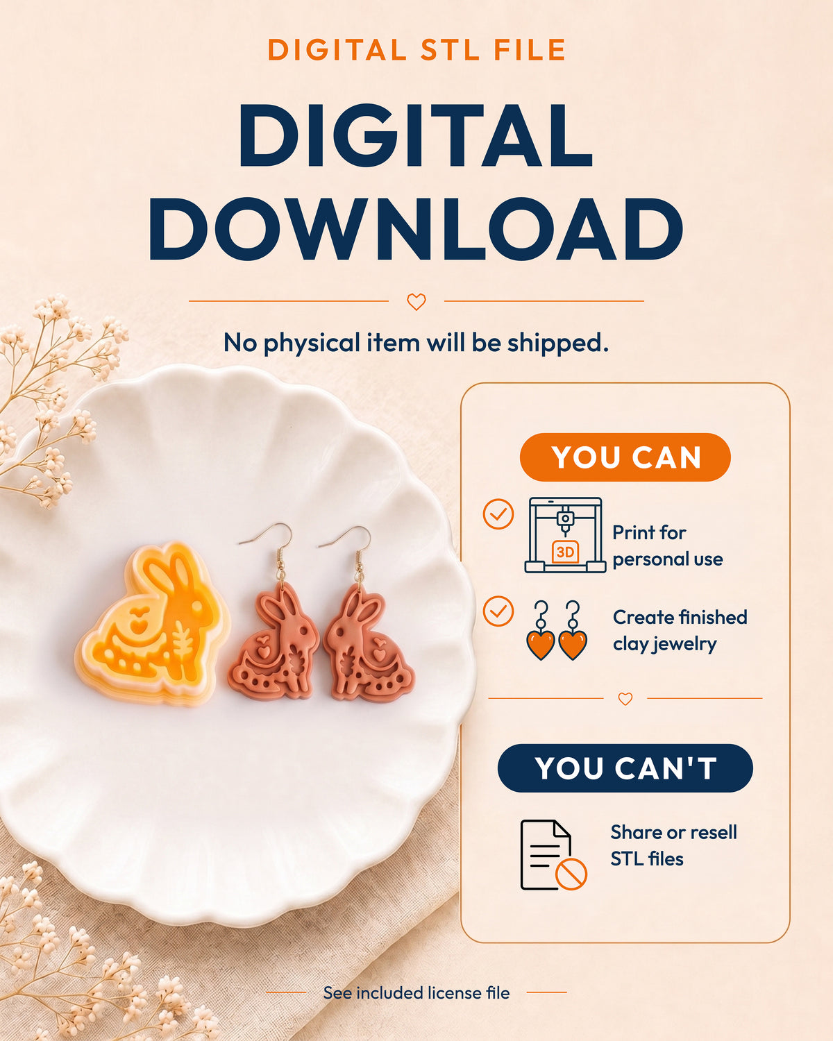 Digital download information graphic for the Scandi Folk Bunny STL files, explaining that no physical item is shipped.
