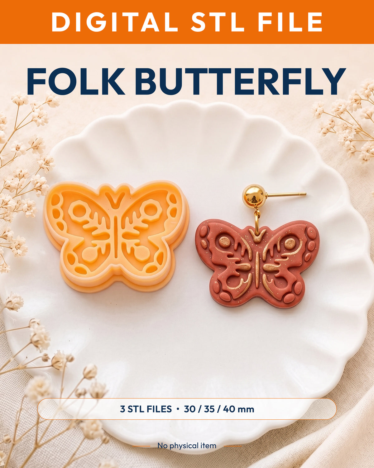 Digital STL listing hero showing the Scandi Folk Butterfly printed clay cutter with example finished polymer clay jewelry.