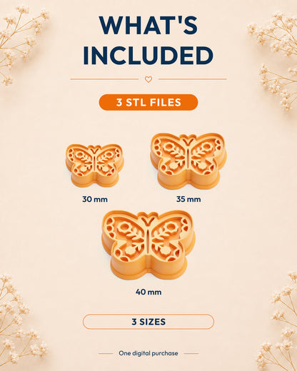 What's included graphic showing the STL file package and available sizes for the Scandi Folk Butterfly clay cutter.