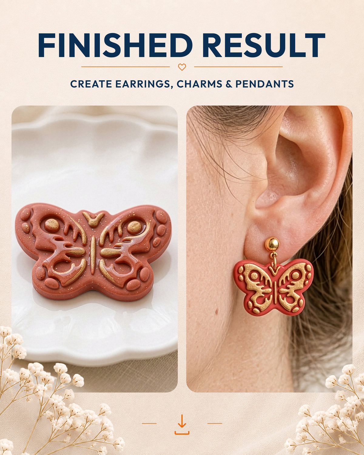 Finished result collage showing polymer clay jewelry created with the Scandi Folk Butterfly cutter design.