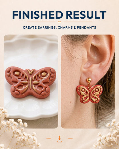 Finished result collage showing polymer clay jewelry created with the Scandi Folk Butterfly cutter design.