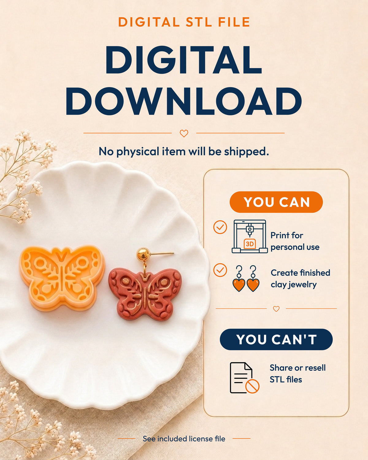 Digital download information graphic for the Scandi Folk Butterfly STL files, explaining that no physical item is shipped.