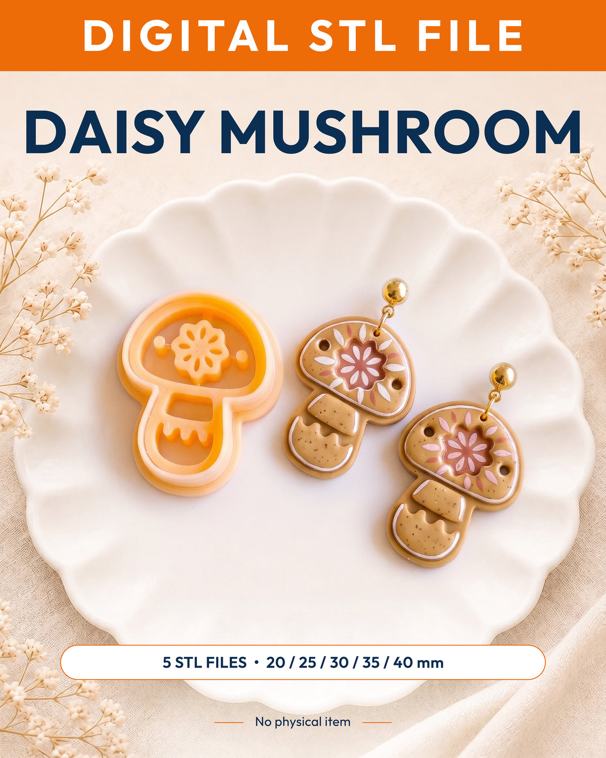 Digital STL listing hero showing the Scandi Folk Daisy Mushroom printed clay cutter with example finished polymer clay jewelry.