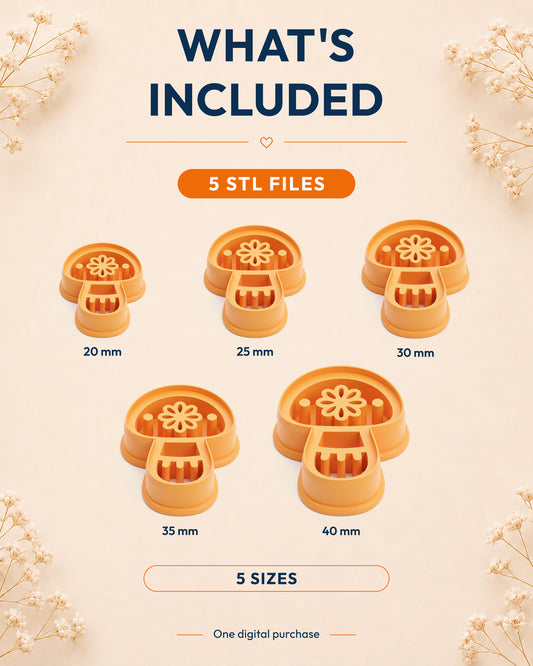 What's included graphic showing the STL file package and available sizes for the Scandi Folk Daisy Mushroom clay cutter.