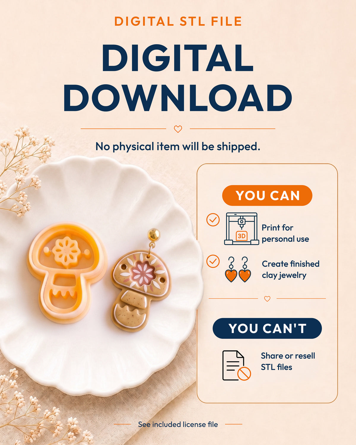 Digital download information graphic for the Scandi Folk Daisy Mushroom STL files, explaining that no physical item is shipped.