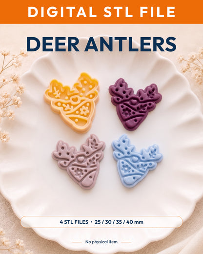 Digital STL listing hero showing the Scandi Folk Deer Antlers printed clay cutter with example finished polymer clay jewelry.