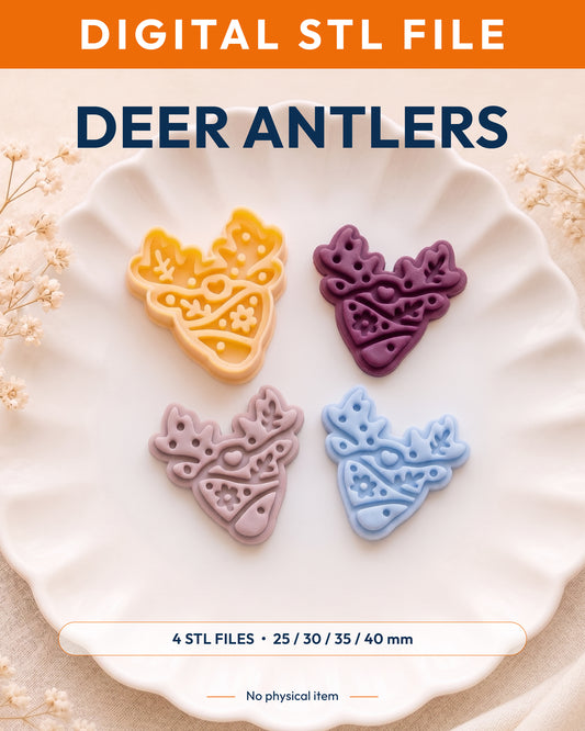 Digital STL listing hero showing the Scandi Folk Deer Antlers printed clay cutter with example finished polymer clay jewelry.
