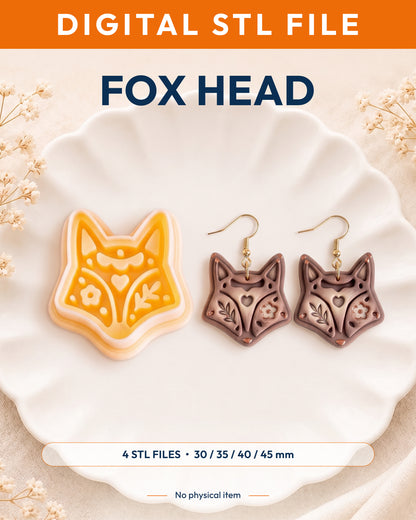 Digital STL listing hero showing the Scandi Folk Fox Head printed clay cutter with example finished polymer clay jewelry.