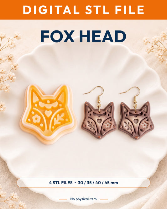 Digital STL listing hero showing the Scandi Folk Fox Head printed clay cutter with example finished polymer clay jewelry.