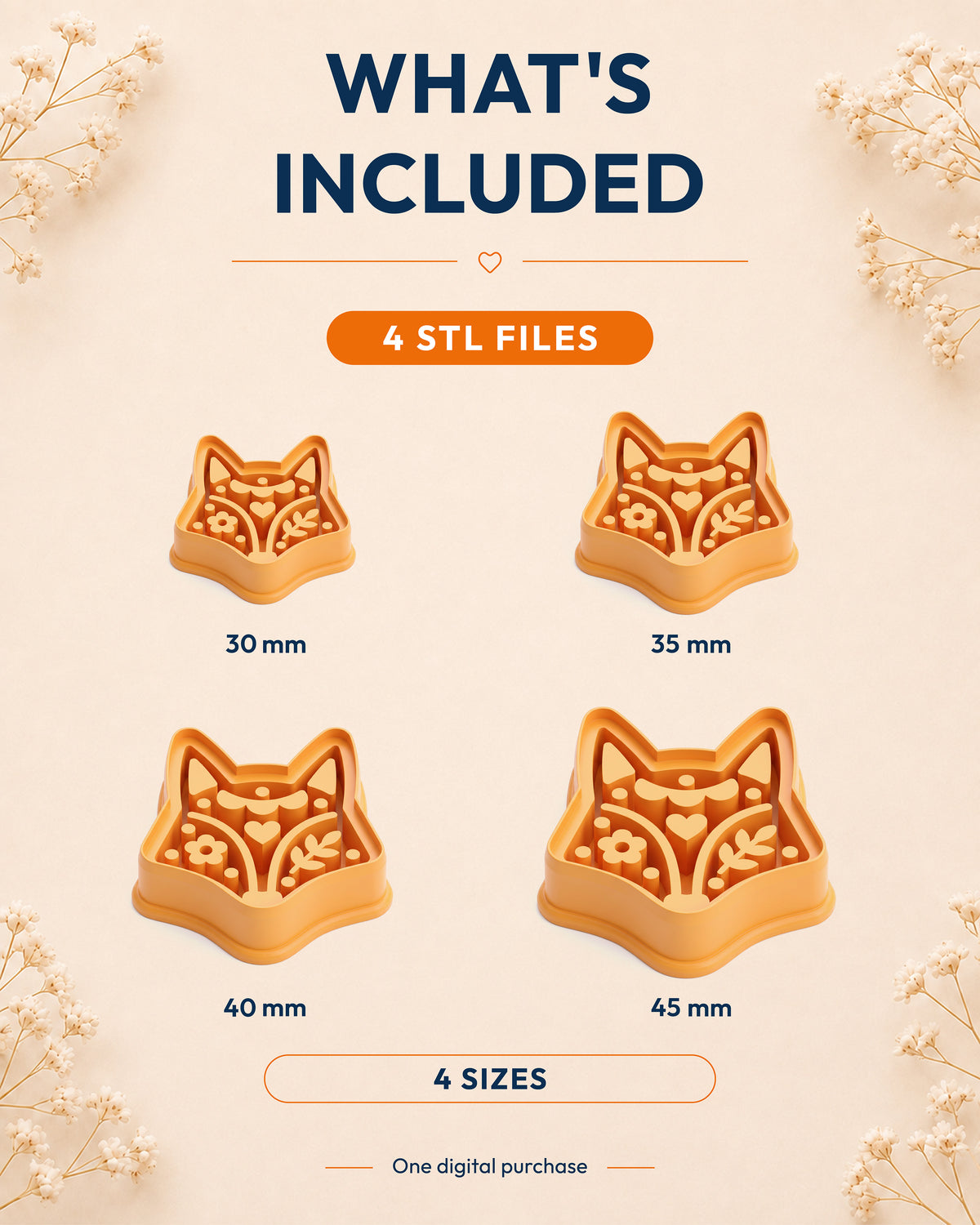 What's included graphic showing the STL file package and available sizes for the Scandi Folk Fox Head clay cutter.