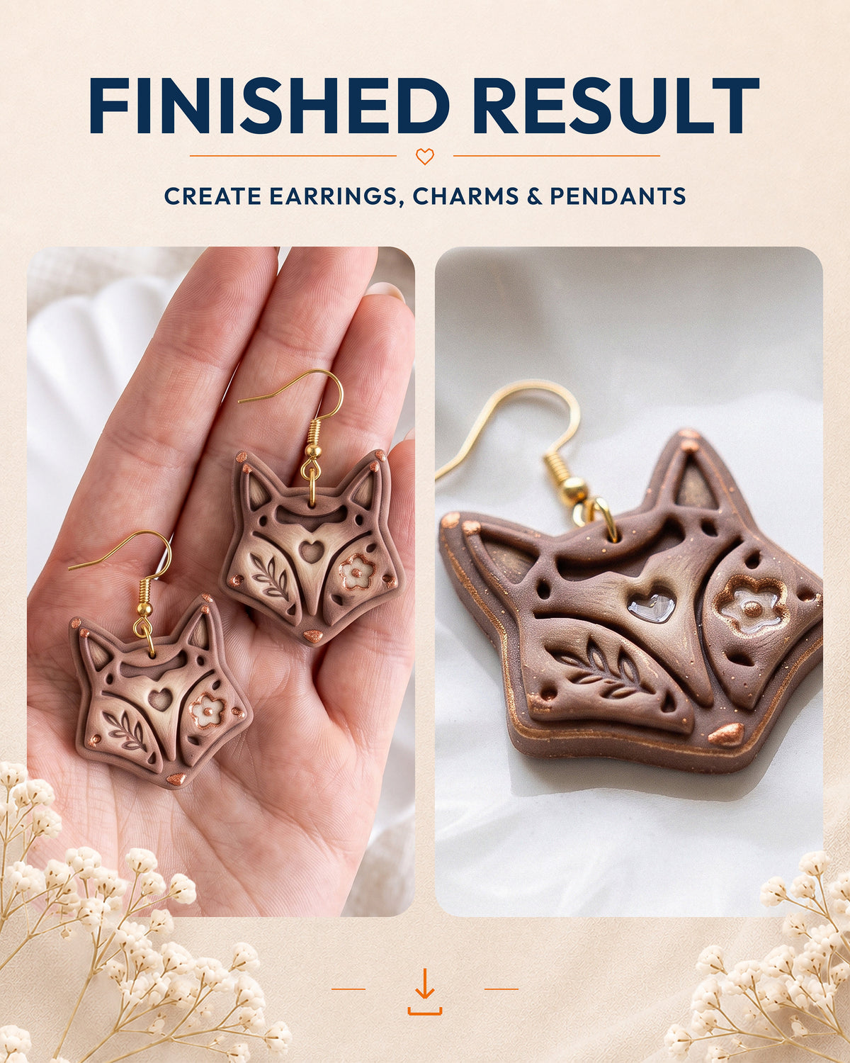 Finished result collage showing polymer clay jewelry created with the Scandi Folk Fox Head cutter design.