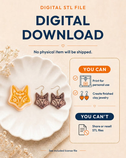 Digital download information graphic for the Scandi Folk Fox Head STL files, explaining that no physical item is shipped.