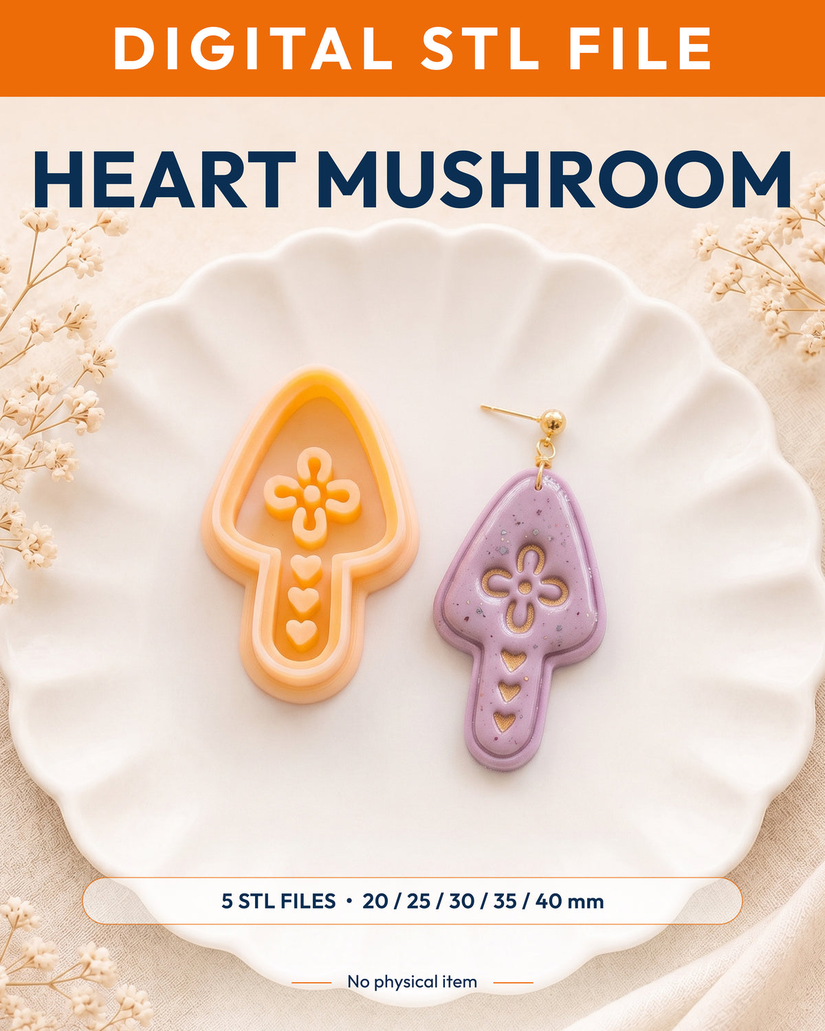 Digital STL listing hero showing the Scandi Folk Heart Mushroom printed clay cutter with example finished polymer clay jewelry.