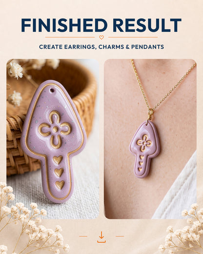 Finished result collage showing polymer clay jewelry created with the Scandi Folk Heart Mushroom cutter design.