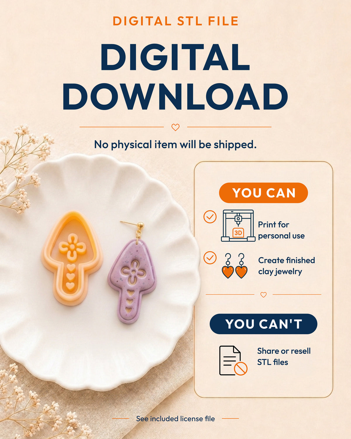 Digital download information graphic for the Scandi Folk Heart Mushroom STL files, explaining that no physical item is shipped.