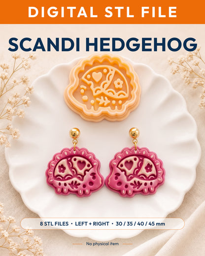 Digital STL listing hero showing the Scandi Folk Hedgehog printed clay cutter with example finished polymer clay jewelry.