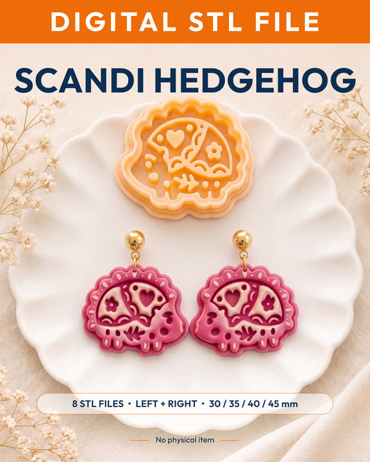 Digital STL listing hero showing the Scandi Folk Hedgehog printed clay cutter with example finished polymer clay jewelry.
