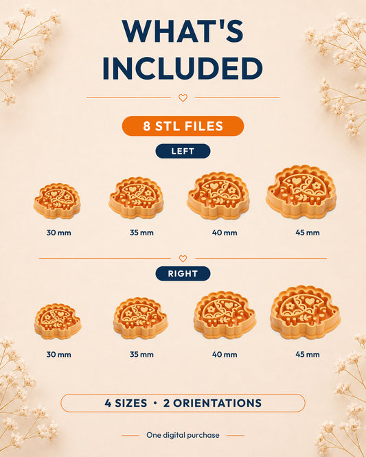 What's included graphic showing the STL file package and available sizes for the Scandi Folk Hedgehog clay cutter.