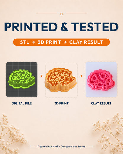 Printed and tested graphic showing the digital model, printed Scandi Folk Hedgehog cutter and matching polymer clay result.