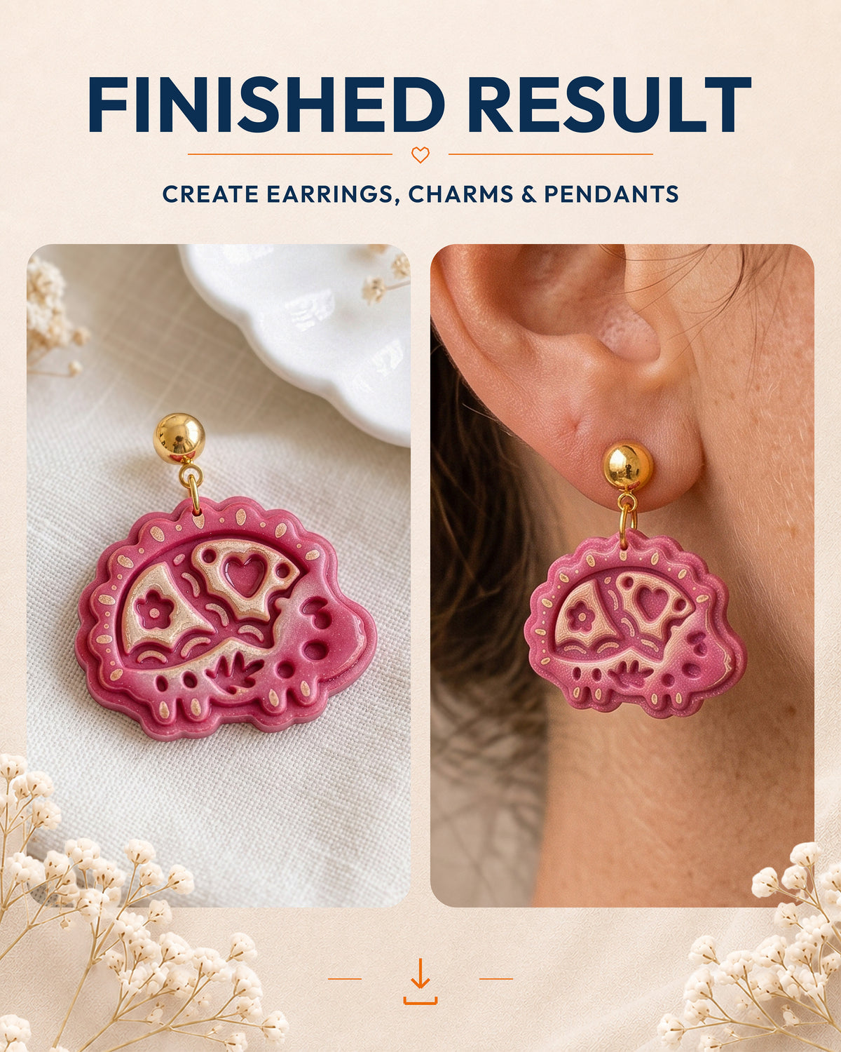 Finished result collage showing polymer clay jewelry created with the Scandi Folk Hedgehog cutter design.