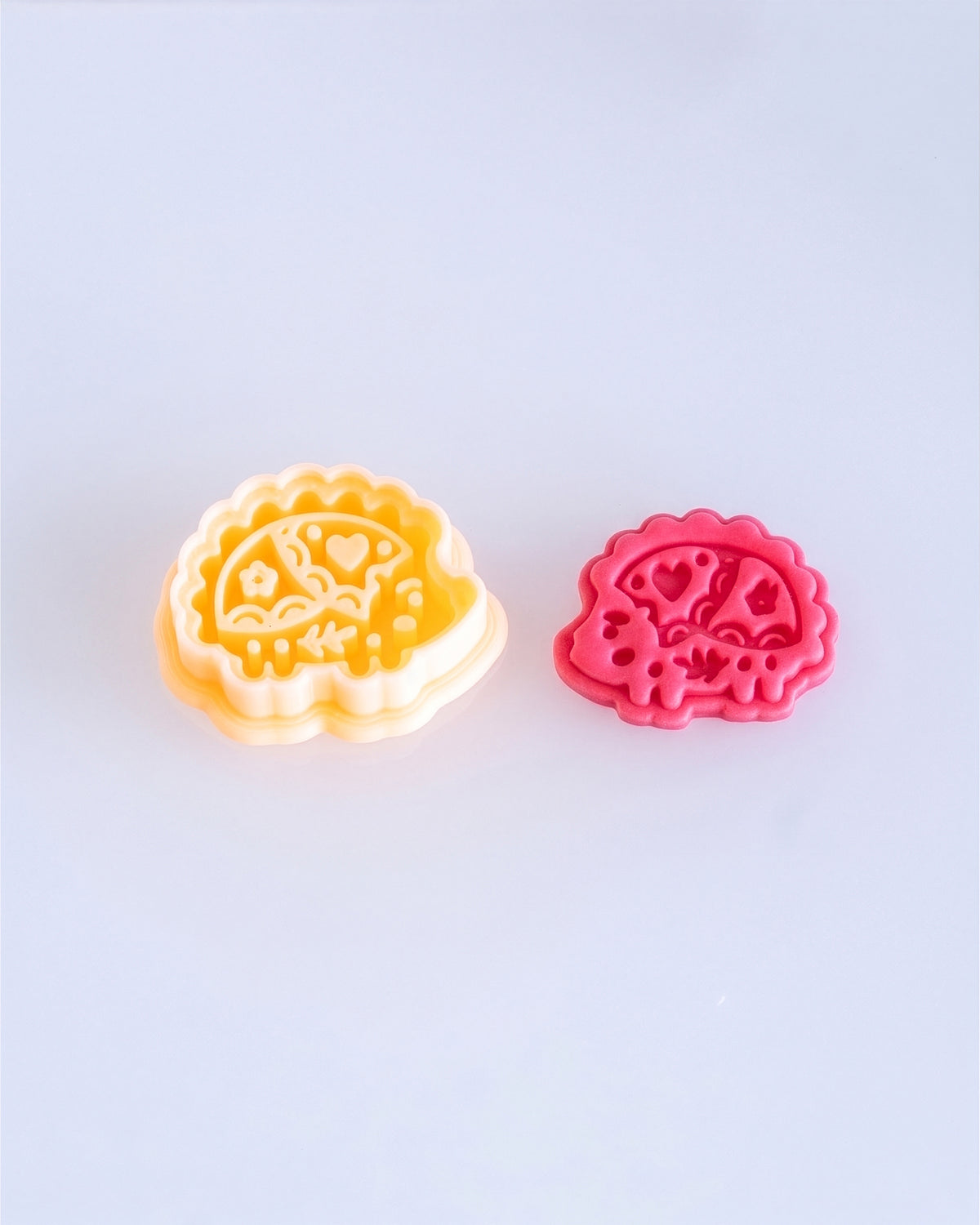 Printed Scandi Folk Hedgehog clay cutter shown beside the matching cut and imprinted polymer clay result.