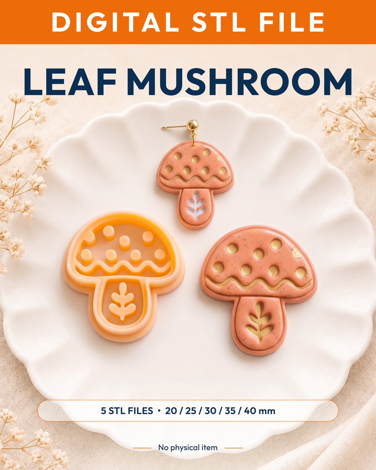 Digital STL listing hero showing the Scandi Folk Leaf Mushroom printed clay cutter with example finished polymer clay jewelry.