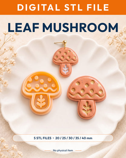 Digital STL listing hero showing the Scandi Folk Leaf Mushroom printed clay cutter with example finished polymer clay jewelry.