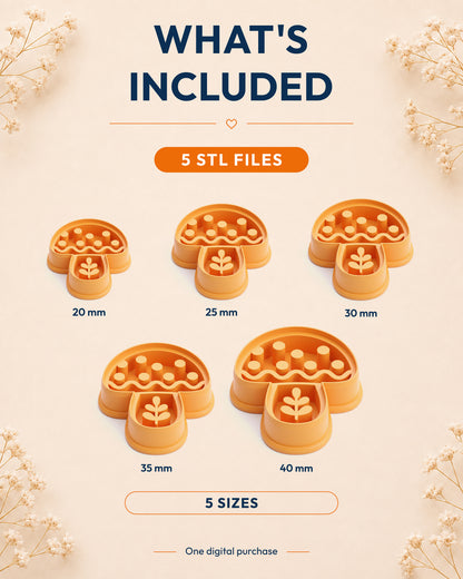 What's included graphic showing the STL file package and available sizes for the Scandi Folk Leaf Mushroom clay cutter.