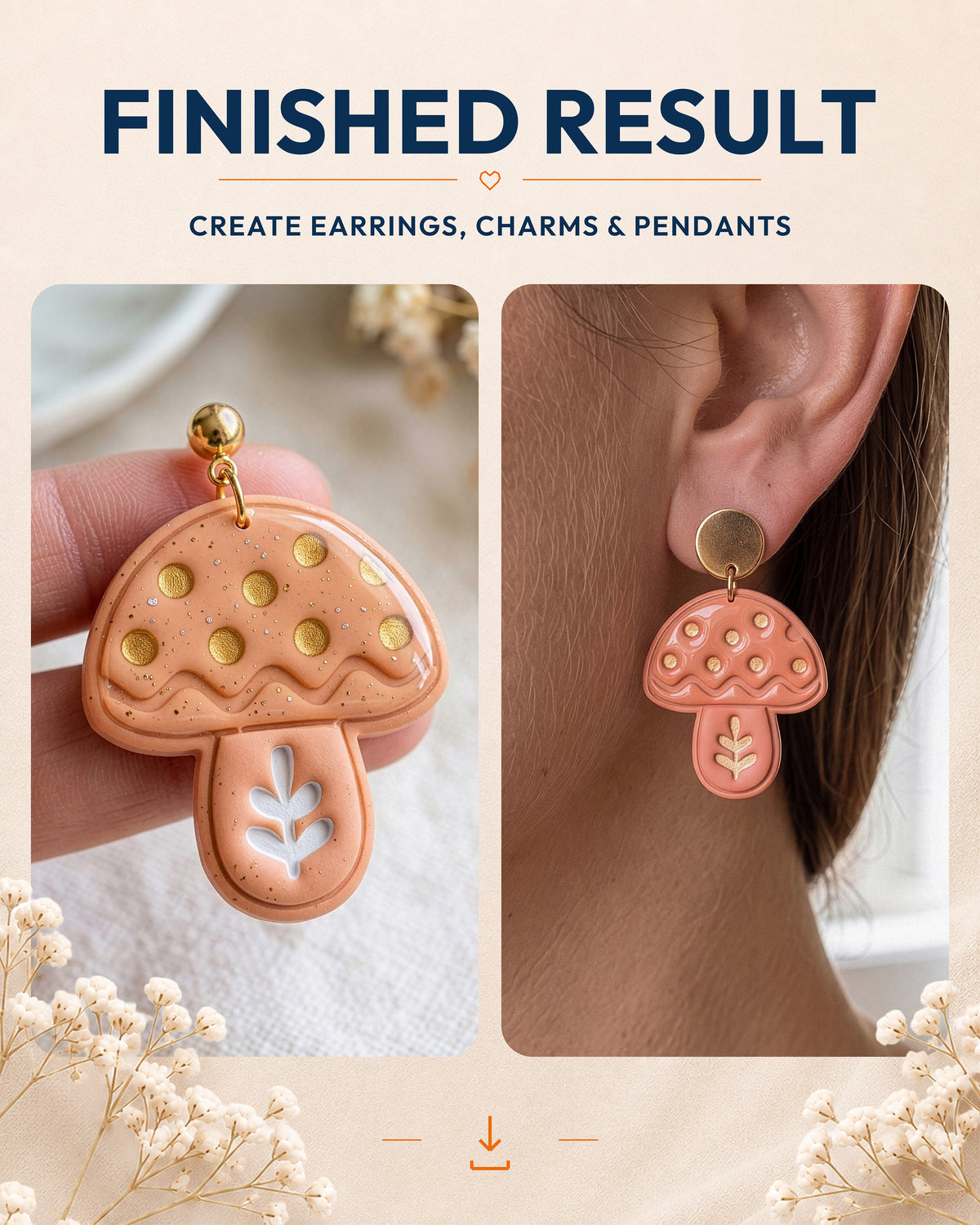Finished result collage showing polymer clay jewelry created with the Scandi Folk Leaf Mushroom cutter design.