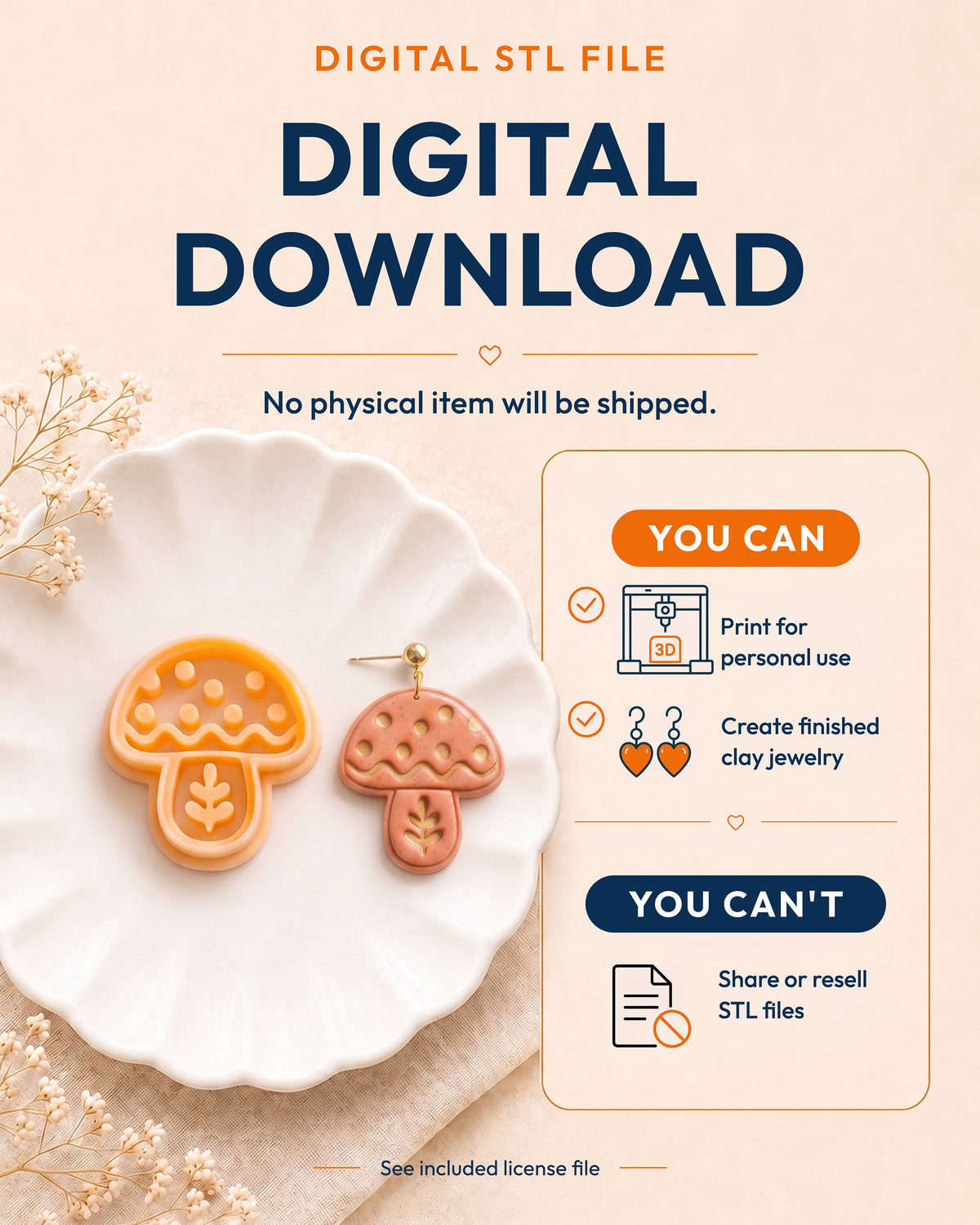 Digital download information graphic for the Scandi Folk Leaf Mushroom STL files, explaining that no physical item is shipped.