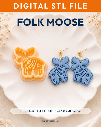 Digital STL listing hero showing the Scandi Folk Moose printed clay cutter with example finished polymer clay jewelry.