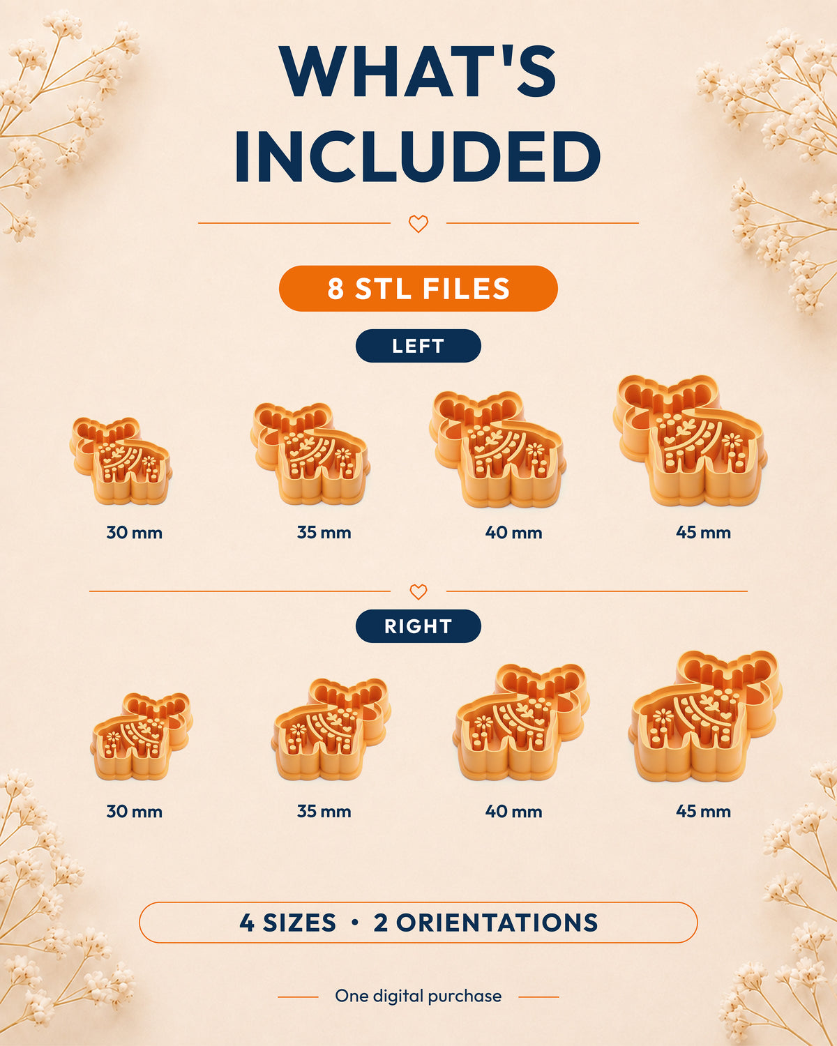 What's included graphic showing the STL file package and available sizes for the Scandi Folk Moose clay cutter.