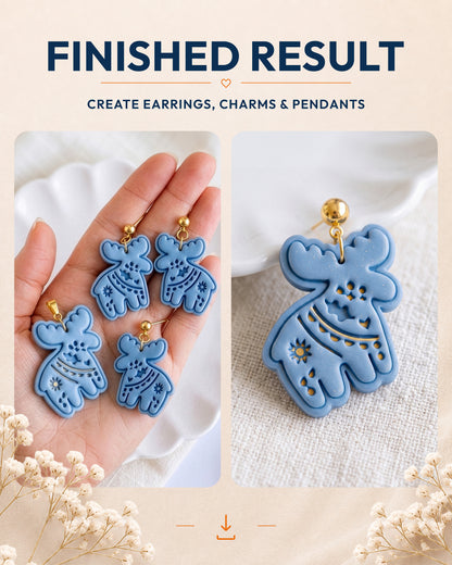 Finished result collage showing polymer clay jewelry created with the Scandi Folk Moose cutter design.