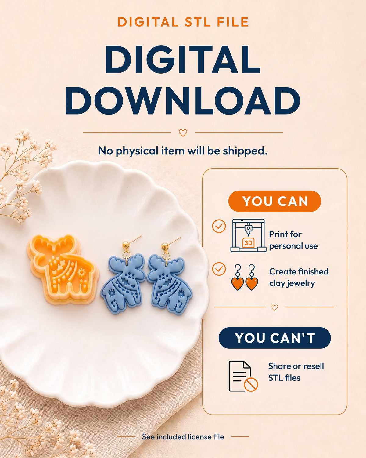 Digital download information graphic for the Scandi Folk Moose STL files, explaining that no physical item is shipped.