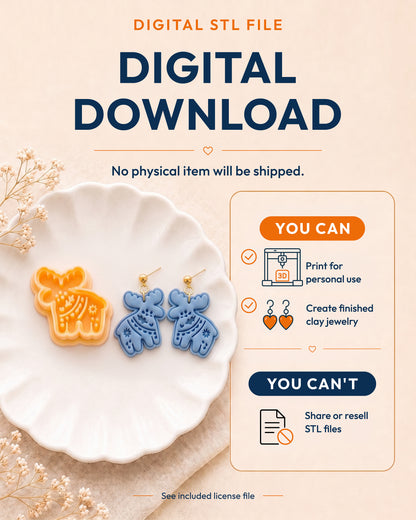 Digital download information graphic for the Scandi Folk Moose STL files, explaining that no physical item is shipped.