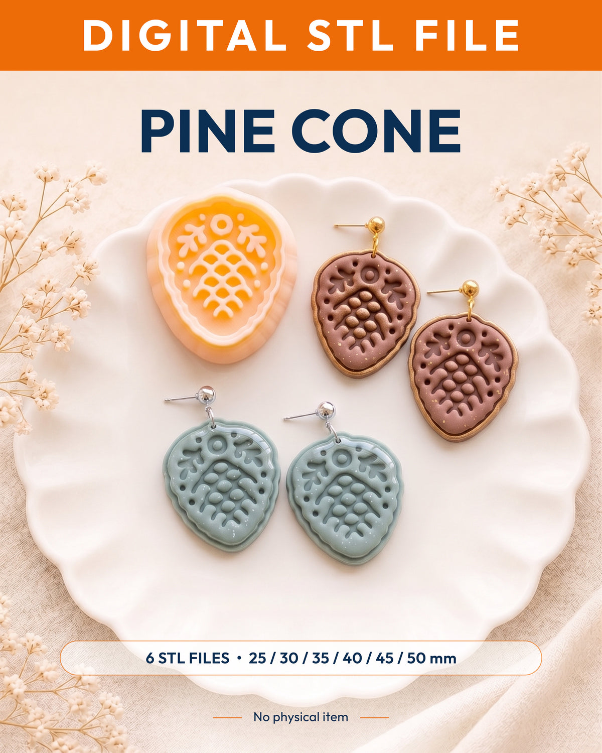 Digital STL listing hero showing the Scandi Folk Pine Cone printed clay cutter with example finished polymer clay jewelry.