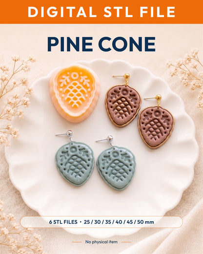 Digital STL listing hero showing the Scandi Folk Pine Cone printed clay cutter with example finished polymer clay jewelry.
