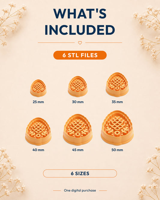 What's included graphic showing the STL file package and available sizes for the Scandi Folk Pine Cone clay cutter.