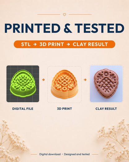 Printed and tested graphic showing the digital model, printed Scandi Folk Pine Cone cutter and matching polymer clay result.