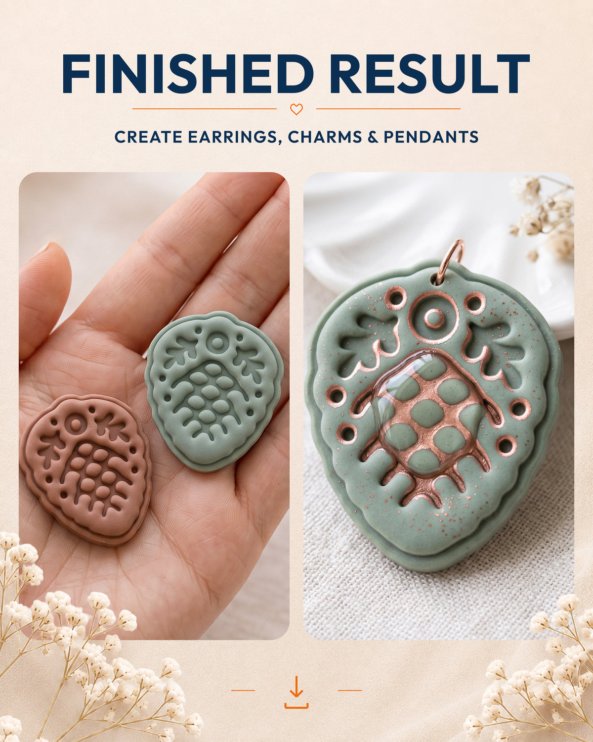 Finished result collage showing polymer clay jewelry created with the Scandi Folk Pine Cone cutter design.