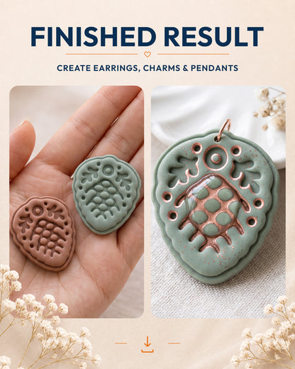 Finished result collage showing polymer clay jewelry created with the Scandi Folk Pine Cone cutter design.