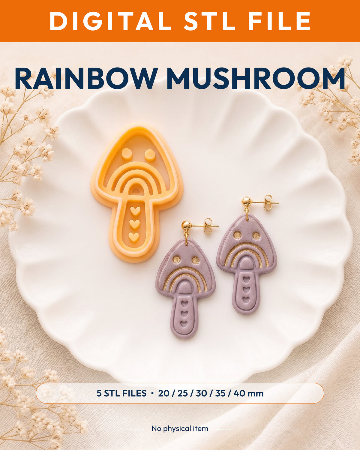 Digital STL listing hero showing the Scandi Folk Rainbow Mushroom printed clay cutter with example finished polymer clay jewelry.