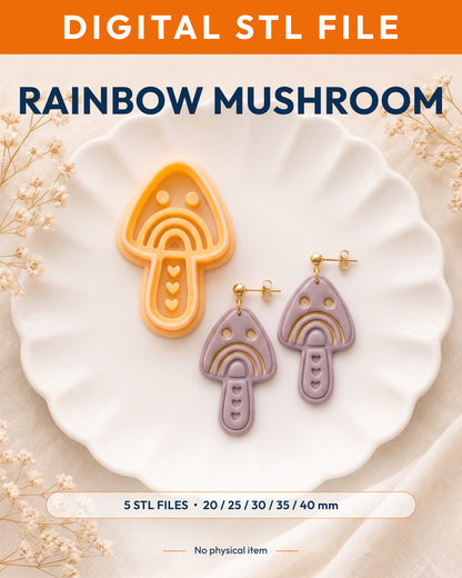 Digital STL listing hero showing the Scandi Folk Rainbow Mushroom printed clay cutter with example finished polymer clay jewelry.