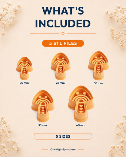 What's included graphic showing the STL file package and available sizes for the Scandi Folk Rainbow Mushroom clay cutter.