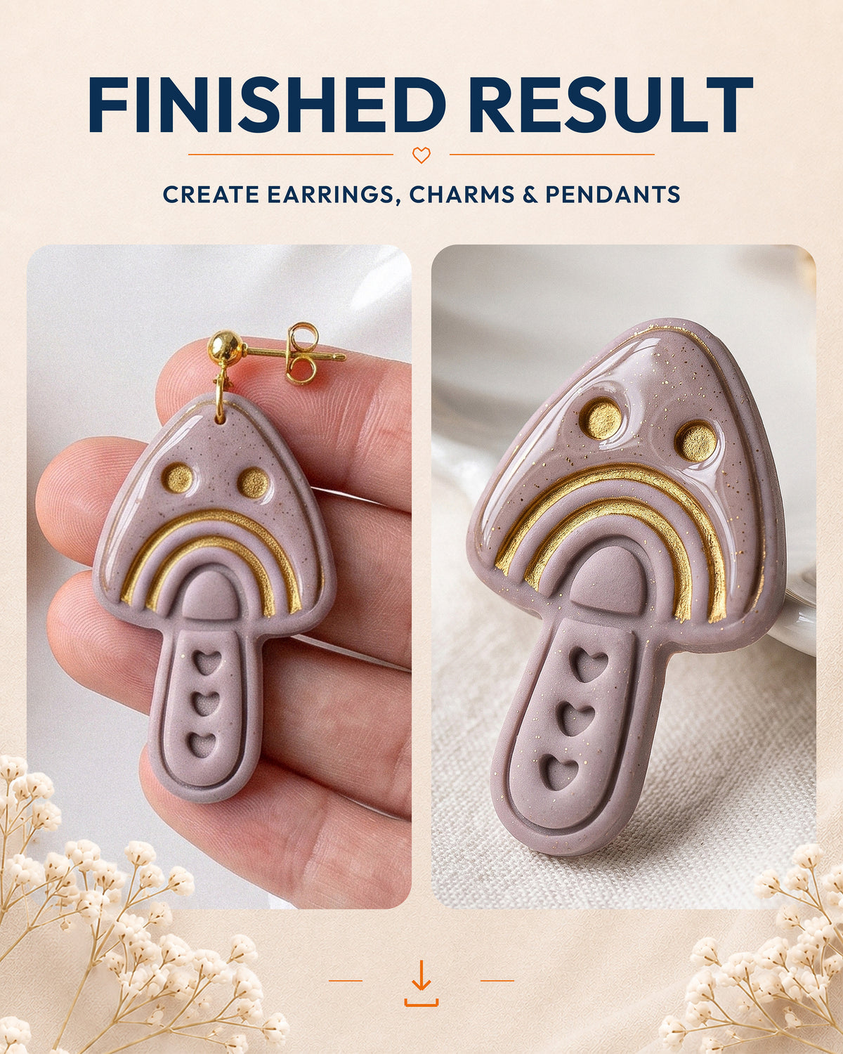 Finished result collage showing polymer clay jewelry created with the Scandi Folk Rainbow Mushroom cutter design.