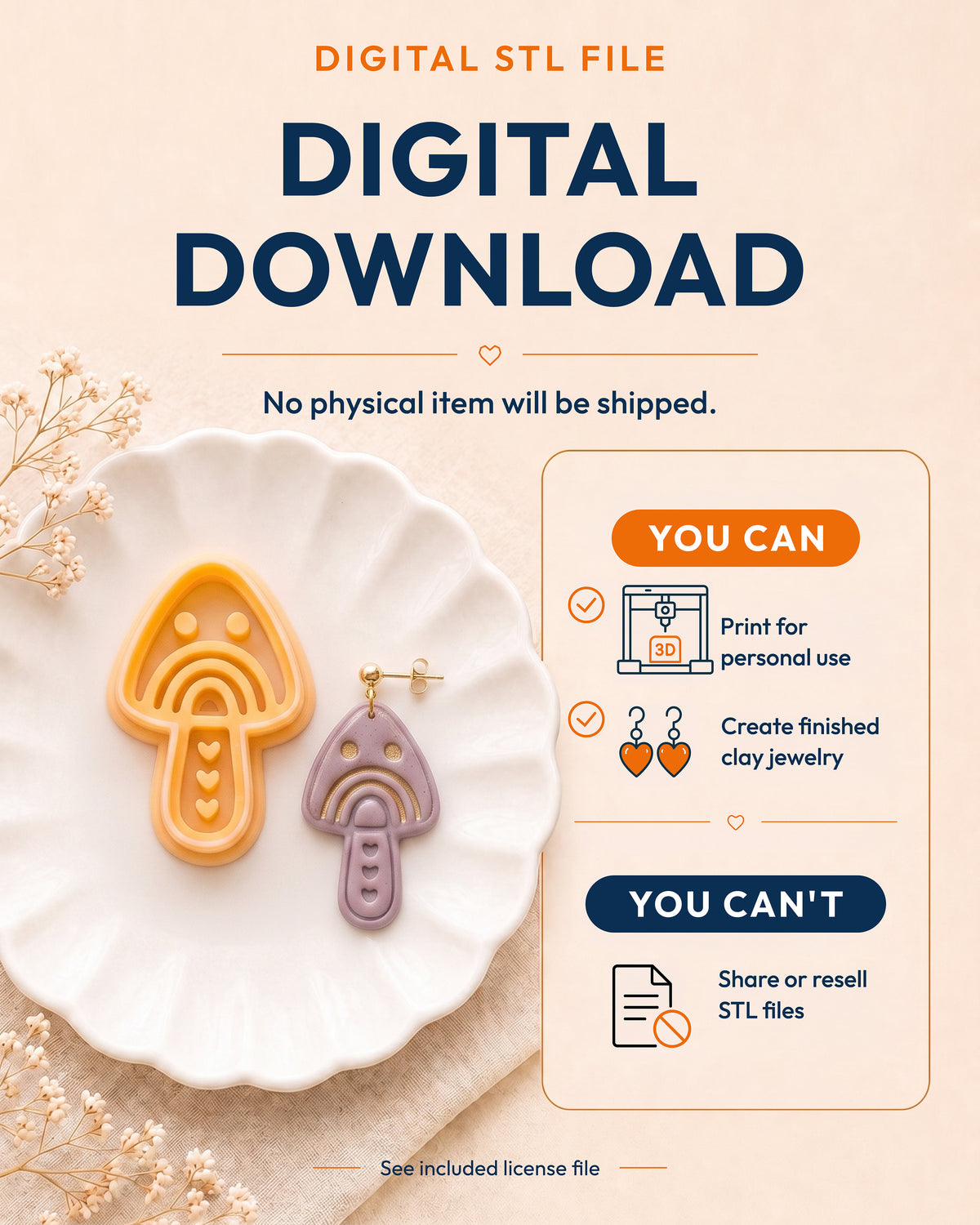 Digital download information graphic for the Scandi Folk Rainbow Mushroom STL files, explaining that no physical item is shipped.